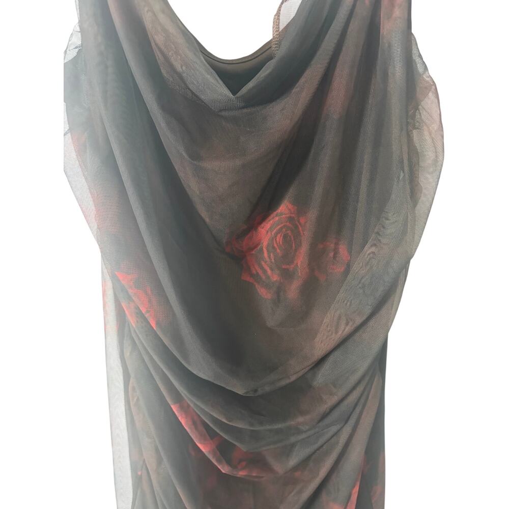 Cider 1XL Black Mesh Red Rose Ruched Cowl Neck Midi Dress Goth Romantic Witchy